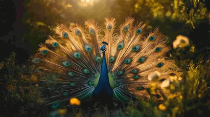 Obraz premium A Vibrant Peacock Displaying Its Colorful Feathers in a Golden Light