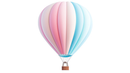 A beautiful hot air balloon with pastel pink and blue stripes glides through a bright blue sky, surrounded by fluffy white clouds, offering a glimpse of adventure and tranquility