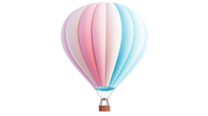 A beautiful hot air balloon with pastel pink and blue stripes glides through a bright blue sky, surrounded by fluffy white clouds, offering a glimpse of adventure and tranquility