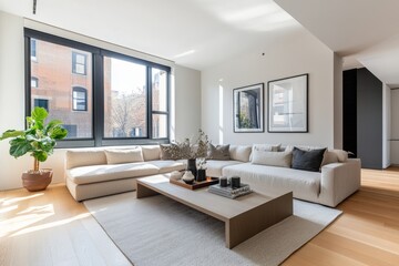 Fototapeta premium A bright and airy living room with large windows, light wooden flooring, white walls, minimalist furniture in neutral tones, a coffee table centered on the floor.