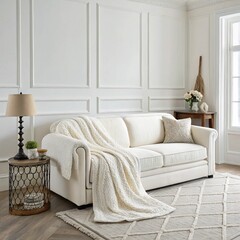 Obraz premium A living room with a white sofa and a white blanket a white wall.