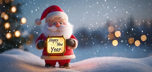 A cheerful Santa Claus holds a sign wishing a Happy New Year, surrounded by a snowy landscape and festive lights to celebrate the holiday.