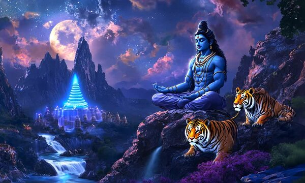 A Hindu god sits on a mountain with a waterfall and a city in the background. He is meditating while two tigers sit near him. The scene is bathed in a soft, blue light and the sky is full of stars.