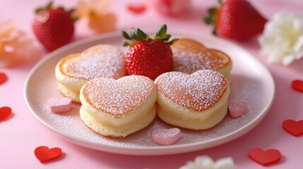 Heart-Shaped Pancakes with Powdered Sugar and Fresh Strawberries on a Pink Background, Creating a Romantic and Festive Mood, Perfect for Valentine's Day Breakfast, Food Photography
