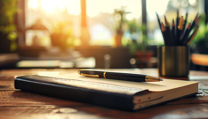 Workspace with notebook and pen on wooden table, warm sunlight streaming through window creating a calm and inspiring atmosphere.