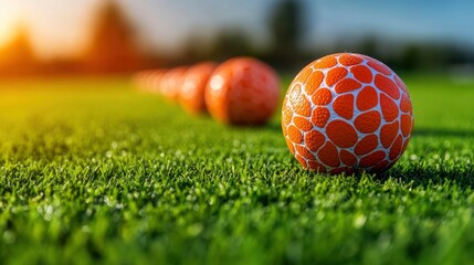 Naklejka premium Golf Balls on Green Grass with Sunset Glow