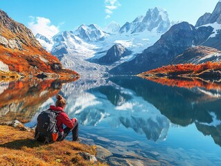 Fototapeta premium Solo Hiker Resting Next to Serene Alpine Lake with Stunning Mountain Reflection
