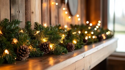 Rustic Christmas Garland with Lights on Fireplace Mantel