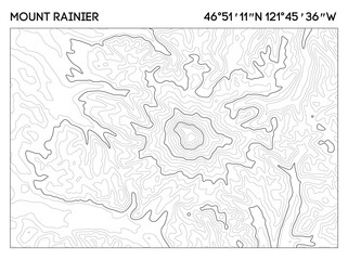 Topographic contour map of Mount Rainier with elevation lines and geographic coordinates. Topographic map vector. © RDVector