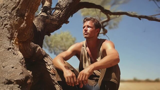 Young man escapes the sun under a tree, lost in thought in nature. His serious expression shows worries as he daydreams alone