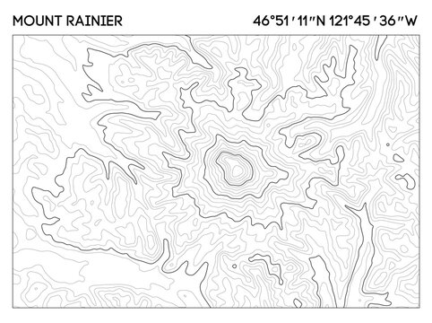 Topographic contour map of Mount Rainier with elevation lines and geographic coordinates. Topographic map vector.
