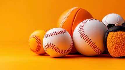 Baseball, Basketball and Soccer Balls on Orange Background