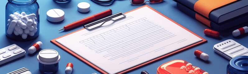 Many different medical supplies on a blue surface, medical bills, banner