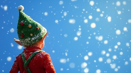 Christmas elf watching falling snow on a blue sky background