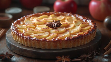 Delicious apple tart with cinnamon and star anise on wooden table