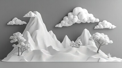 Fototapeta premium Serene White Landscape with Stylized Mountains, Trees, and Clouds in a Minimalist 3D Design for Modern Decorative and Artistic Applications