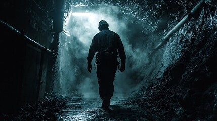 Fototapeta premium Coal Miner Emerging from the Depths of a Dark Mine Covered in Soot with Bright Lights Overhead