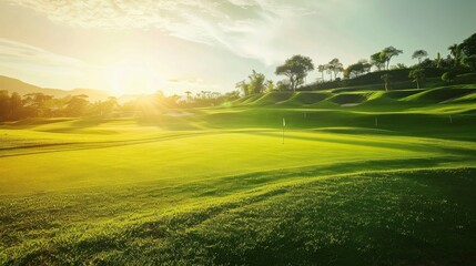 Naklejka premium A picturesque golf course bathed in golden sunlight, Rolling hills and manicured greens, Classic landscape style