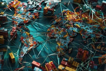 Fototapeta premium An intricate display of global value chains connecting modern industries, visualizing the complexity of supply chains and their role in global trade, with a focus on interconnectivity.