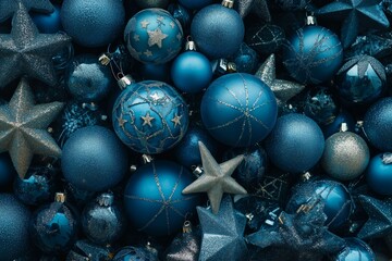 Background with pile of  blue Christmas balls and golden stars. Close-up of a pile of blue...