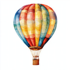 Naklejka premium vibrant hot air balloon floats in sky, showcasing colorful stripes of red, blue, yellow, and green. This whimsical scene evokes sense of adventure and freedom