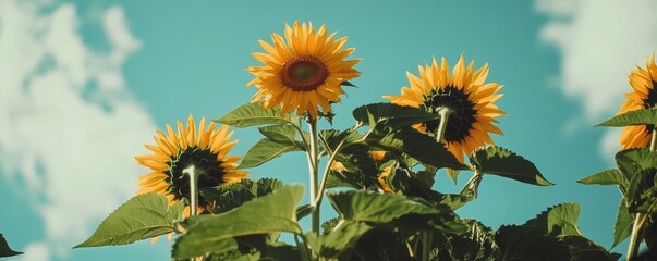 Sunflowers reaching for the sky on a sunny day