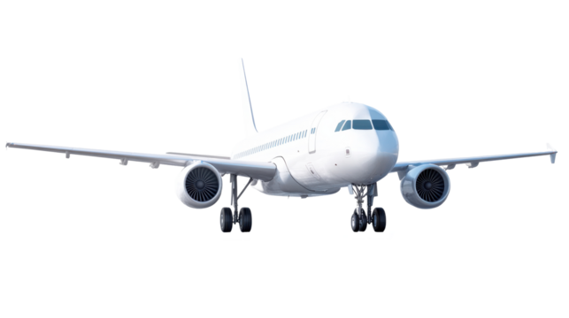 The modern airplane appears front-facing with its sleek body, large engines, and extended wings, emphasizing its design and functionality for air travel