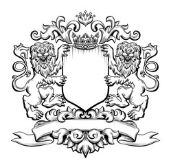 Template of Medieval Coat of Arms Lions Full Face, Standing on Hind Legs, Crown, Plume and Floral Ornament. Black and White Outline Hand Drawn Retro Illustration. Vintage Classic Heral Engraving. 