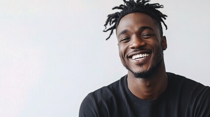 Joyful Black Man Smiling Cheerfully Against a Clean White Background, Perfect for Celebrating Happiness and Positivity in Various Contexts