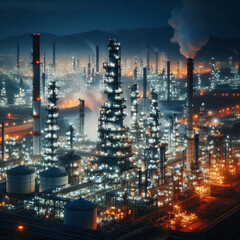 Fototapeta premium A large industrial complex with many towers and tanks, illuminated at night