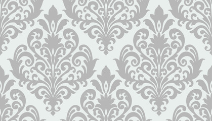 Gray damask floral pattern with detailed ornamental swirls on a light background. Damask seamless pattern.