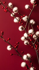 Obraz premium Cotton flowers and red berries creating christmas decoration on burgundy background