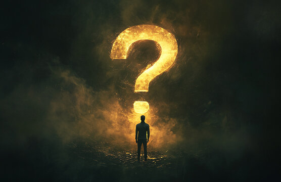 A silhouette of a person stands in front of a large, glowing question mark in a dark, cloudy sky