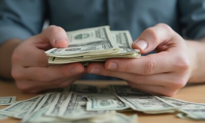 Man is holding bundle of dollar bills in his hands. The concept of wealth and abundance