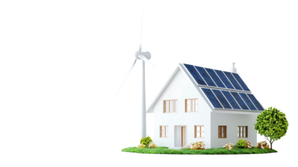 This structure showcases renewable energy solutions with solar panels on the roof and a wind turbine nearby, highlighting eco-friendly living in an idyllic setting