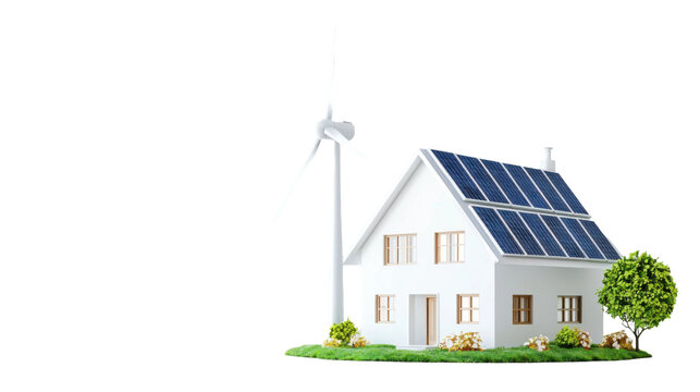 This structure showcases renewable energy solutions with solar panels on the roof and a wind turbine nearby, highlighting eco-friendly living in an idyllic setting