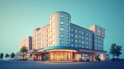 3D hotel building illustration, suitable for travel and booking themes. 