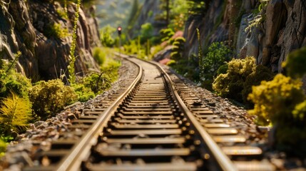 A picturesque model train diorama with tracks and miniature landscapes, Model train tracks and scenery meticulously arranged in a hobbyist's display, Miniature railway style