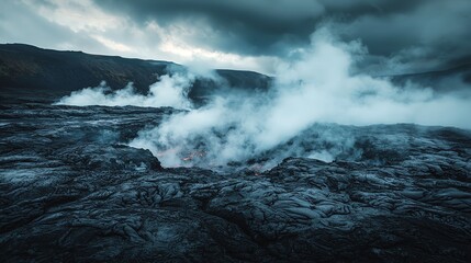 27 Volcanic steam venting through cracks in a dark, rocky landscape under a cloudy sky Wide shot with dramatic, moody lighting, emphasizing the raw, untamed power of the earth