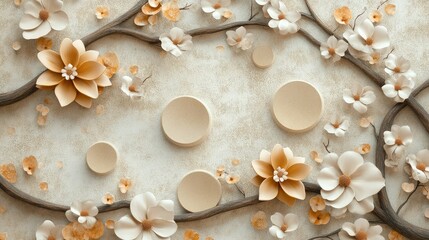 Delicate Floral Arrangement with Soft Cream and Peach Tones on a Textured Background Featuring Petals, Branches, and Circular Elements
