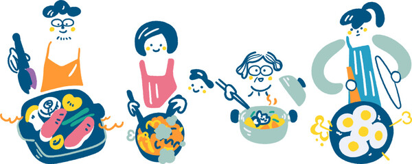 料理を楽しむ男性、母親、おばあちゃん、少女　セットのストックイラスト素材
