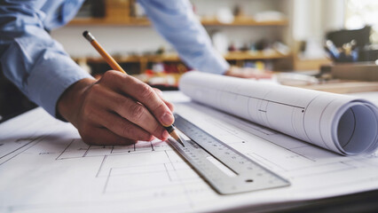 Architect Drafting Detailed Plans with Pencil and Ruler on Rolled Blueprints