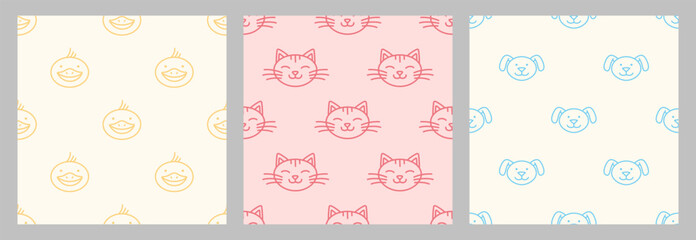 Cat, dog, duck face, muzzle patterns set. Kids textures in doodle style for designing baby clothes. Hand drawn seamless pattern with cartoon characters. Bohemian nursery prints collection. Vector