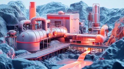 39 Geothermal plant with underground pipes, heat exchange system, 3D illustration