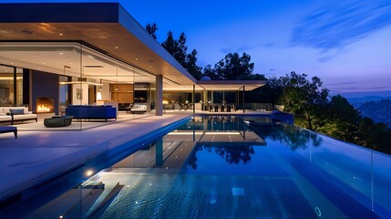 Fototapeta premium A modern luxury villa with a pool, showcasing sleek architecture and serene surroundings at dusk.