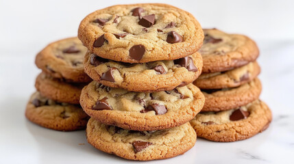 Naklejka premium Fresh bake and grill, Delicious chocolate chip cookies stacked high, showcasing their golden brown edges and gooey chocolate chips, perfect for any dessert lover