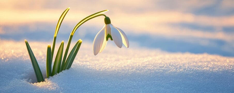 Beautiful snowdrop flower blooming in snow at sunset