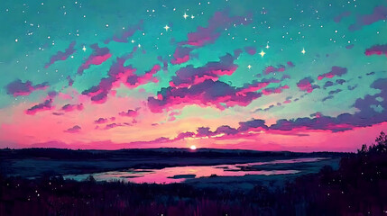 Abstract digital artwork featuring a moody and lovely Japanese landscape.