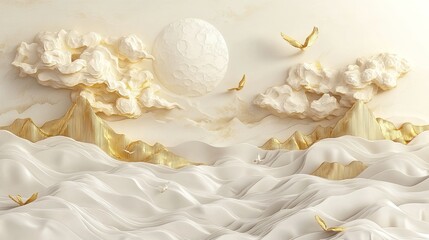 Serene Landscape with Golden Mountains and Butterflies Under a Soft Moonlit Sky in a Dreamlike Atmosphere