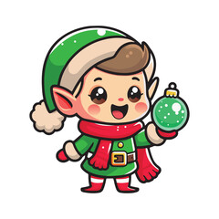 Festive Christmas Elf Holding Ornament Vector Mascot Illustration